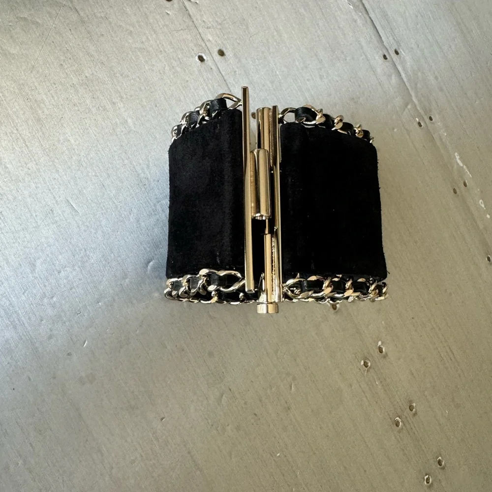 Chanel black suede chain cuff logo bracelet rare Preowned authentic